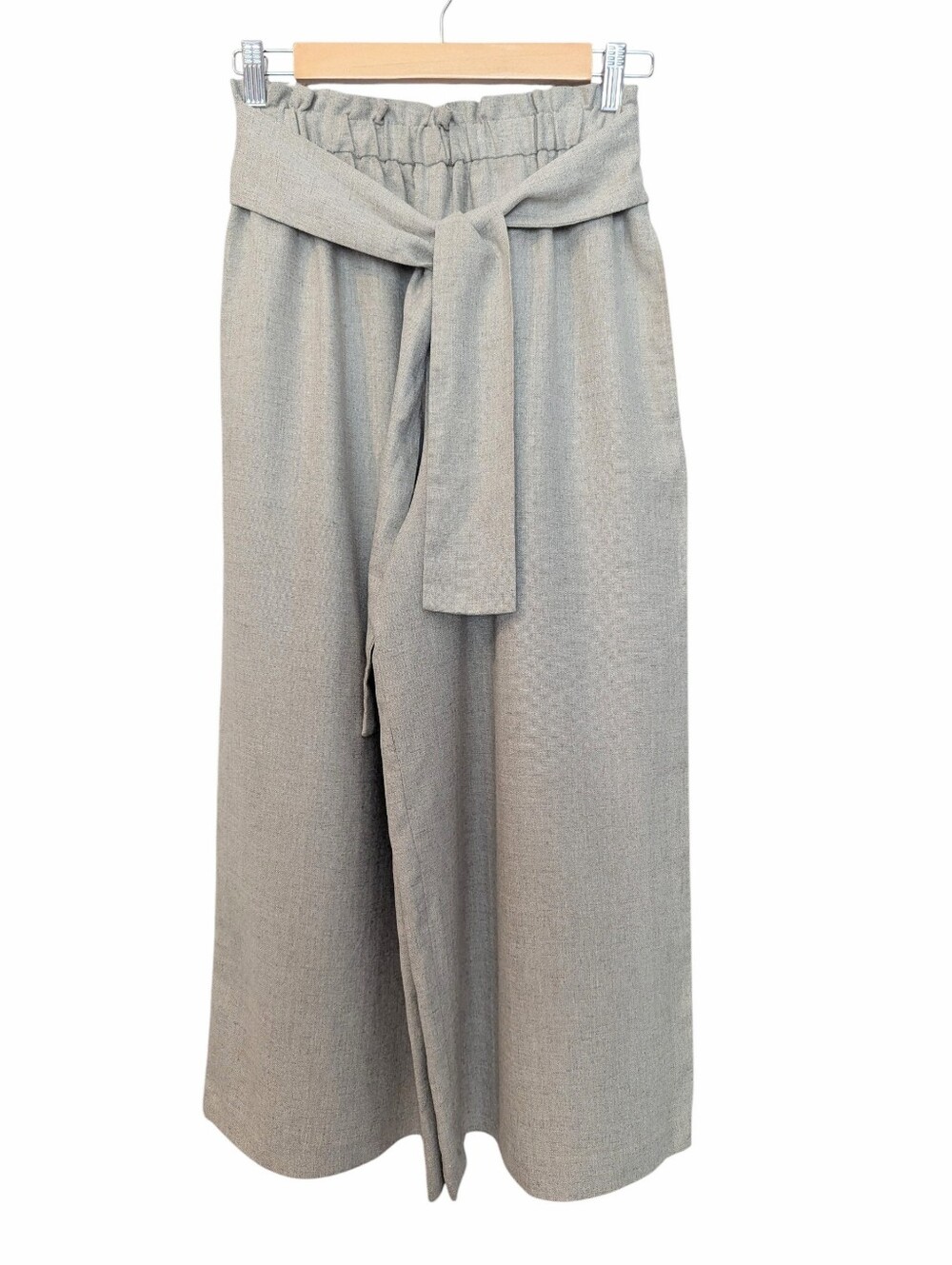 YANGANY Beige Wide-Leg High Waist Cropped Pants with Tie Belt